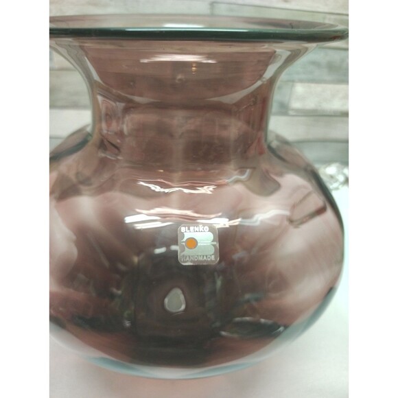 Vintage Blenko Glass 9726 Squatty Optic Vase Scroll Handles Amethyst Label  READ - Picture 2 of 14